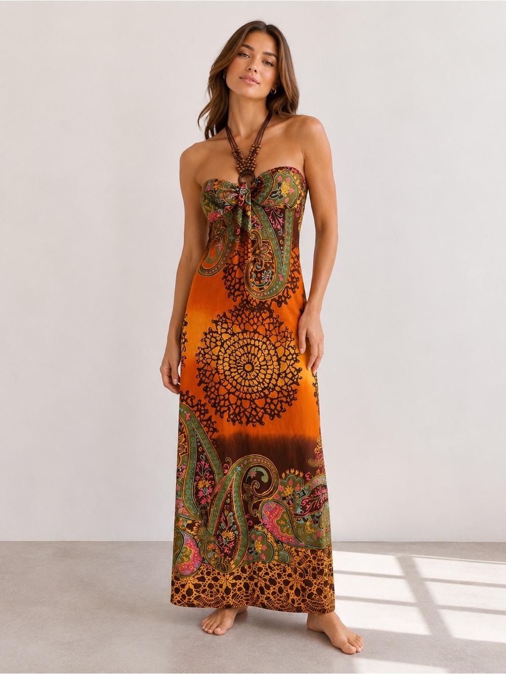 Boho Strapless Maxi Dress in Orange Paisley